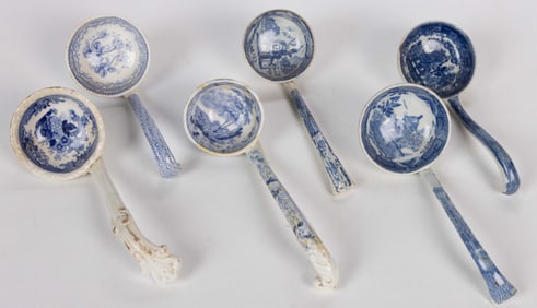 STAFFORDSHIRE BLUE TRANSFER-PRINTED CERAMIC LADLES, LOT OF SIX