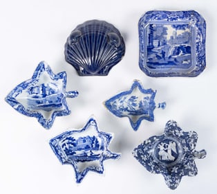 STAFFORDSHIRE BLUE TRANSFER-PRINTED CERAMIC DISHES, LOT OF FIVE