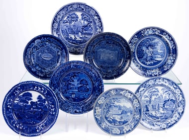 STAFFORDSHIRE BLUE TRANSFER-PRINTED CERAMIC PLATES, LOT OF EIGHT