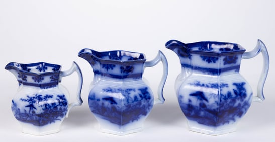 DAVENPORT FLOW BLUE TRANSFER-PRINTED "AMOY" CERAMIC GRADUATED PITCHERS THREE-PIECE SET