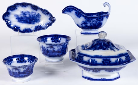 DAVENPORT FLOW BLUE TRANSFER-PRINTED "AMOY" CERAMIC TABLE ARTICLES, LOT OF FIVE