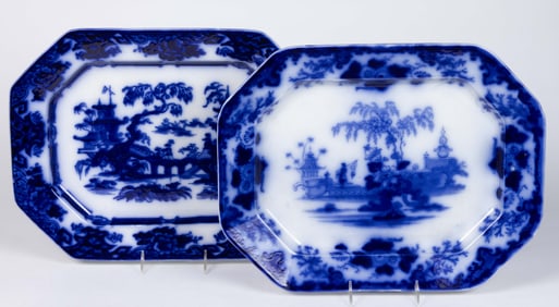 ENGLISH FLOW BLUE IRONSTONE CHINOISERIE MOTIF PLATTERS, LOT OF TWO
