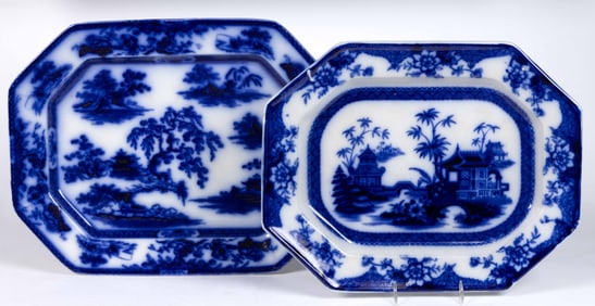 ENGLISH FLOW BLUE IRONSTONE CHINOISERIE MOTIF PLATTERS, LOT OF TWO