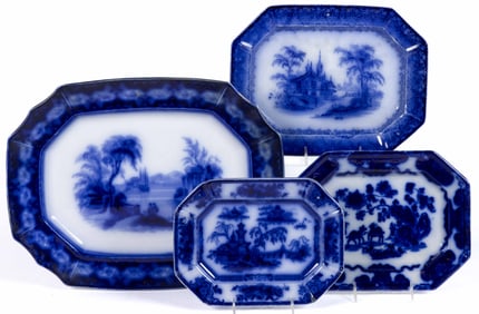 ENGLISH FLOW BLUE IRONSTONE PLATTERS, LOT OF FOUR