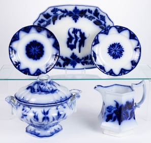 ENGLISH FLOW BLUE IRONSTONE BRUSH-STROKE AND OTHER DRINKING AND TABLE ARTICLES, LOT OF SIX