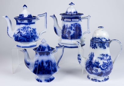 ENGLISH FLOW BLUE IRONSTONE CHINOISERIE MOTIF COFFEE / TEAPOTS, LOT OF FOUR