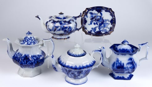 ENGLISH FLOW BLUE IRONSTONE COFFEE / TEAPOTS, LOT OF FOUR