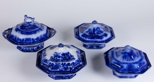 ENGLISH FLOW BLUE IRONSTONE CHINOISERIE MOTIF COVERED VEGETABLE SERVERS, LOT OF FOUR
