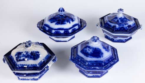 ENGLISH FLOW BLUE IRONSTONE COVERED VEGETABLE SERVERS, LOT OF FOUR