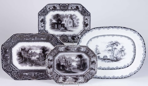 ENGLISH FLOW BLUE AND MULBERRY IRONSTONE SCENIC MOTIF PLATTERS, LOT OF FOUR