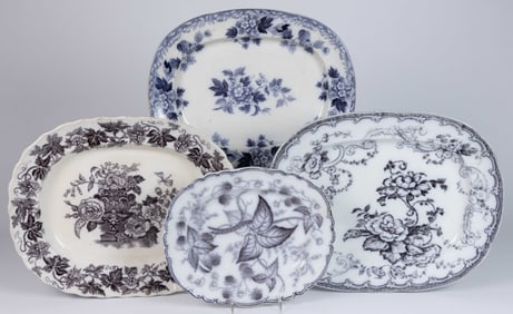 ENGLISH FLOW BLUE AND MULBERRY IRONSTONE FLORAL MOTIF PLATTERS, LOT OF FOUR