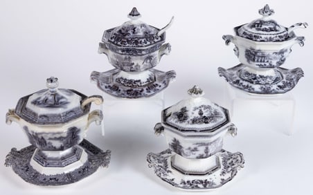 ENGLISH MULBERRY IRONSTONE SAUCE TUREEN AND STAND SETS, LOT OF FOUR