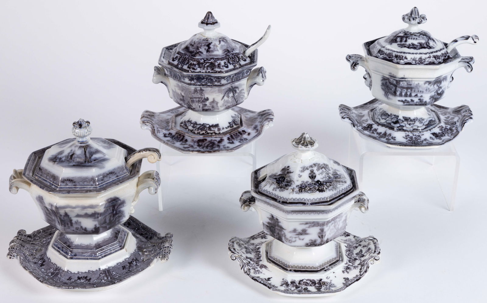 ENGLISH MULBERRY IRONSTONE SAUCE TUREEN AND STAND SETS, LOT OF FOUR (1 of 2)