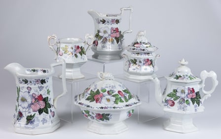 ENGLISH MULBERRY IRONSTONE TRANSFER-PRINTED "COTTON PLANT" TEA AND TABLE ARTICLES, LOT OF SIX