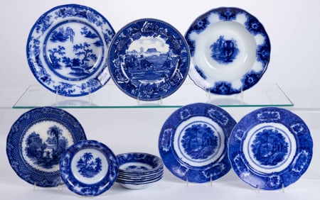 ENGLISH FLOW BLUE CERAMIC TABLE ARTICLES, LOT OF 13