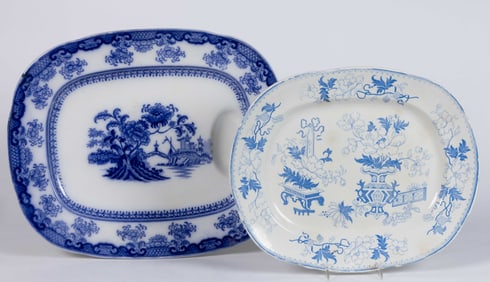 STAFFORDSHIRE BLUE TRANSFER-PRINTED CHINOISERIE MOTIF CERAMIC PLATTERS, LOT OF TWO