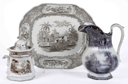 BRITISH TRANSFER-PRINTED CERAMIC ARTICLES, LOT OF THREE