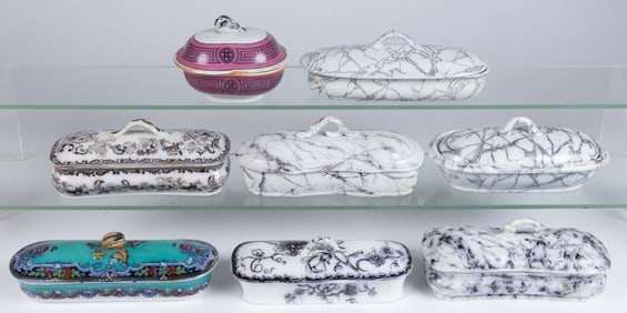 BRITISH IRONSTONE RAZOR / TOILET BOXES, LOT OF SEVEN