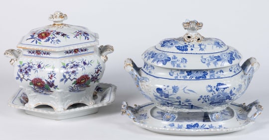 STAFFORDSHIRE IRONSTONE TRANSFER-PRINTED SOUP TUREENS WITH UNDERTRAY SETS, LOT OF TWO
