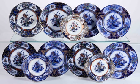 ENGLISH WEDGWOOD FLOW BLUE IRONSTONE "IRIS" TABLE ARTICLES, LOT OF 11