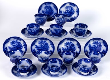 ENGLISH DAVENPORT FLOW BLUE TRANSFER-PRINTED "AMOY" CERAMIC CUP AND SAUCER SETS, LOT OF 12