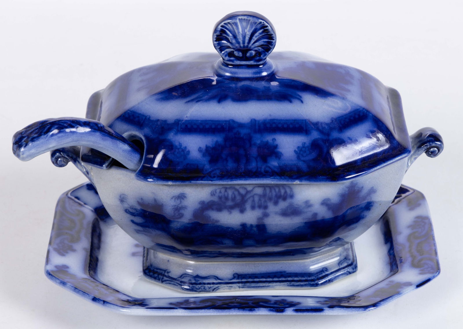 ENGLISH FLOW BLUE IRONSTONE "SCINDE" SAUCE TUREEN THREE-PIECE SET (1 of 3)