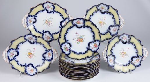 ENGLISH FLOW BLUE FLORAL MOTIF CERAMIC 16-PIECE TABLE SET