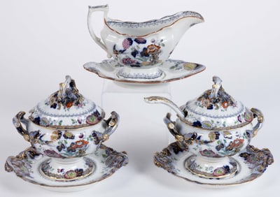 ENGLISH FLOW BLUE IRONSTONE MASON'S-STYLE "PERSIAN" TABLE ARTICLES, LOT OF SIX