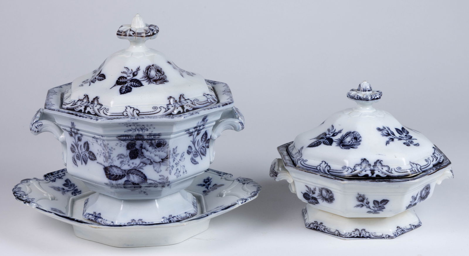 ENGLISH FLOW BLUE IRONSTONE MOSS ROSE TABLE ARTICLES, LOT OF THREE (1 of 2)