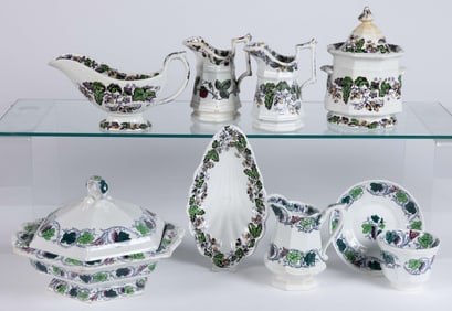 ENGLISH FLOW BLUE AND MULBERRY IRONSTONE VINE MOTIF TEA AND TABLE ARTICLES, LOT OF NINE