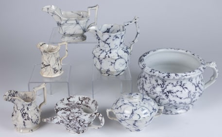 BRITISH FLOW BLUE AND MULBERRY IRONSTONE MARBLE MOTIF ARTICLES, LOT OF SEVEN