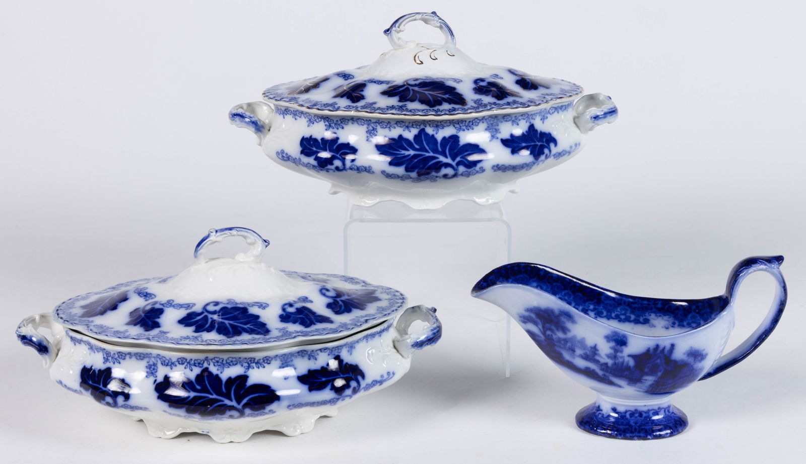 ENGLISH FLOW BLUE TRANSFER-PRINTED CERAMIC TABLE ARTICLES, LOT OF THREE (1 of 1)