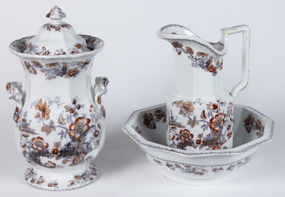 ENGLISH MULBERRY TRANSFER-PRINTED IRONSTONE PARTIAL CHAMBER SET, LOT OF THREE