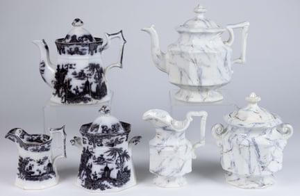 STAFFORDSHIRE MULBERRY IRONSTONE THREE-PIECE TEA SETS, LOT OF TWO