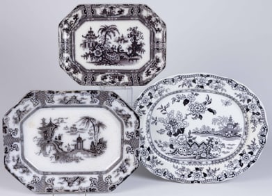 ENGLISH MULBERRY IRONSTONE CHINOISERIE MOTIF PLATTERS, LOT OF THREE