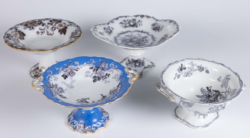 ENGLISH MULBERRY TRANSFER-PRINTED IRONSTONE FLORAL MOTIF COMPOTES / TAZZAS, LOT OF THREE