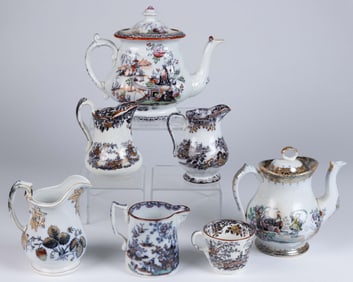 BRITISH MULBERRY AND OTHER TRANSFER-PRINTED IRONSTONE CHINOISERIE MOTIF TEA ARTICLES, LOT OF SIX