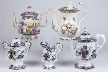 ENGLISH MULBERRY AND OTHER IRONSTONE TRANSFER-PRINTED TEA ARTICLES, LOT OF FIVE