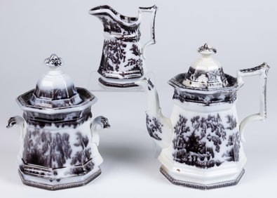 ENGLISH MULBERRY IRONSTONE "KIRKEE" THREE-PIECE TEA SET