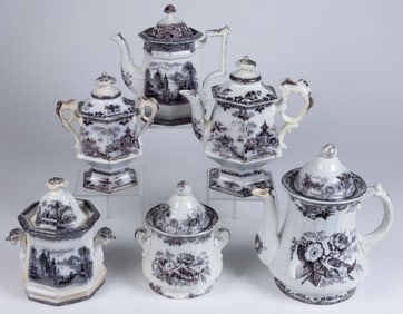 ENGLISH MULBERRY IRONSTONE TEAPOT AND SUGAR SETS, LOT OF THREE