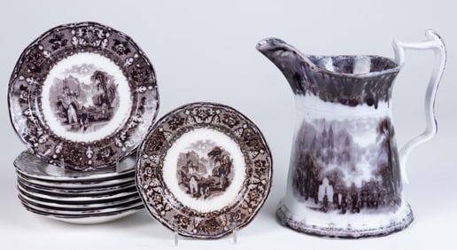 ENGLISH MULBERRY IRONSTONE "PERUVIAN" TABLE ARTICLES, LOT OF TEN