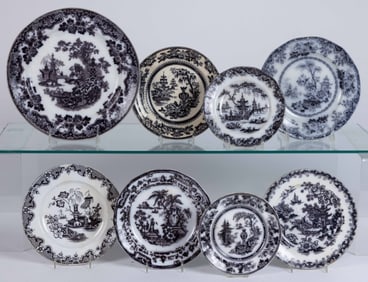 BRITISH MULBERRY IRONSTONE CHINOISERIE MOTIF PLATES, LOT OF EIGHT