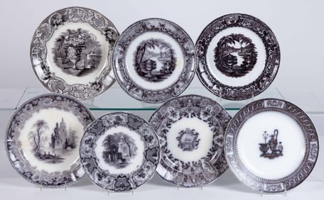 BRITISH MULBERRY IRONSTONE SCENIC MOTIF PLATES, LOT OF SEVEN