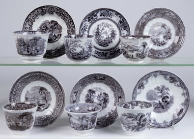 ENGLISH MULBERRY IRONSTONE CUP AND SAUCER SETS, LOT OF SIX