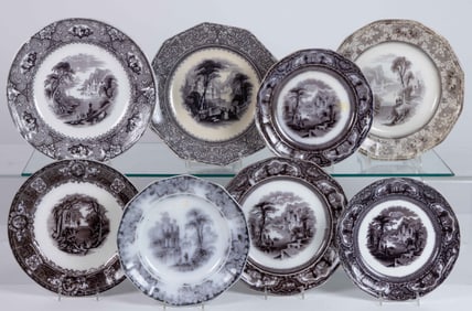 BRITISH MULBERRY IRONSTONE SCENIC MOTIF PLATES, LOT OF EIGHT