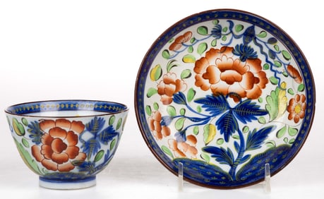 ENGLISH PEARLWARE HAND-PAINTED GAUDY DUTCH CERAMIC CUP AND SAUCER SET