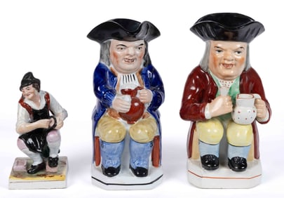 BRITISH HAND-PAINTED CERAMIC FIGURAL ARTICLES, LOT OF THREE