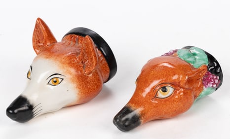 ENGLISH HAND-PAINTED CERAMIC FOX STIRRUP CUPS, LOT OF TWO