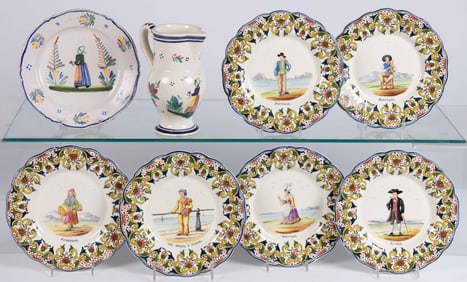 FRENCH HAND-PAINTED FAIENCE POTTERY ARTICLES, LOT OF EIGHT