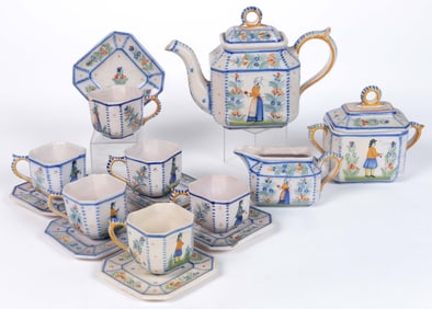 FRENCH HENRIOT QUIMPER HAND-PAINTED FAIENCE CERAMIC 15-PIECE TEA SET